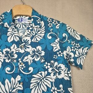 RJC Hawaiian Shirt Mens Large Made In Hawaii USA Blue Hibiscus Floral Aloha Camp